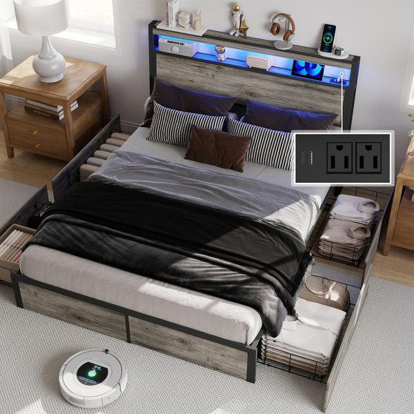 English Elm Queen Metal Platform Bed with Rgb Led Headboard Charging Station and Underbed Storage T3963P482868