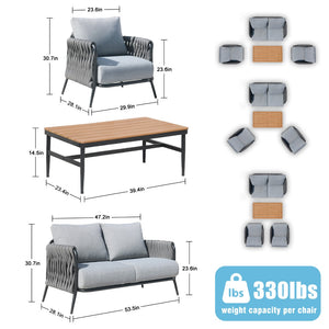 English Elm 4-piece Outdoor Wicker Conversation Set with Thick Cushions and Wpc Coffee Table T5880S00018