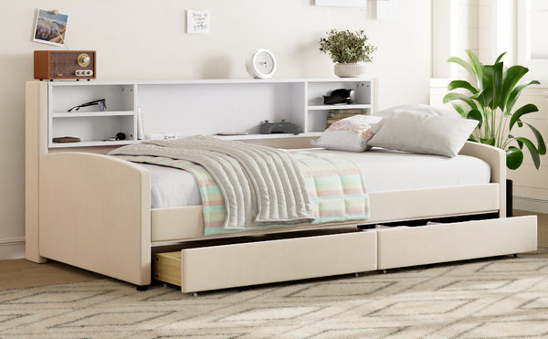 English Elm Twin Velvet Upholstered Platform Bed with Plush Headboard, Underbed Drawers & Hidden Cabinet Storage Beige SF000183AAA