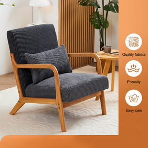 English Elm Mid-Century Ergonomic Accent Chair Antique Dark Grey Upholstered Reading Armchair with Pillow, Solid Wood Frame, Multi-Scene Comfort W2989P241943