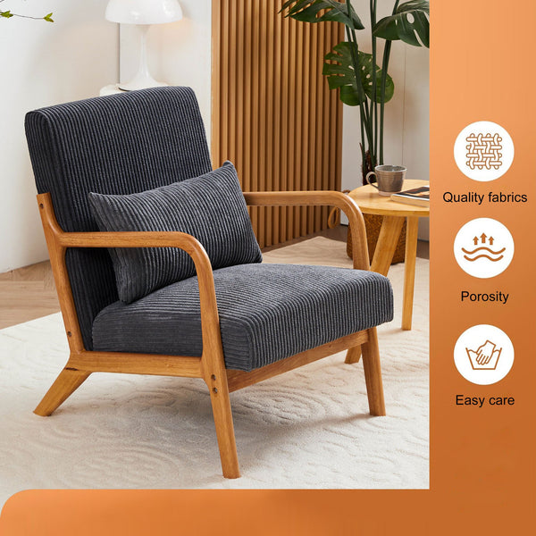 English Elm Mid-Century Ergonomic Accent Chair Antique Dark Grey Upholstered Reading Armchair with Pillow, Solid Wood Frame, Multi-Scene Comfort W2989P241943