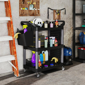 English Elm Capacity 3-tier Rolling Plastic Workshop Cart with Hooks Bucket and Locking Wheels T3971P412584