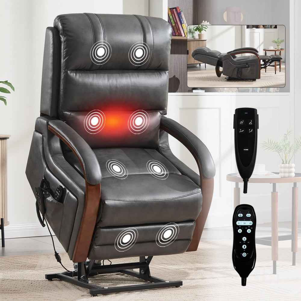 English Elm Power Lift Recliner with Dual Motor Heat Massage Leatheraire and Solid Wood Arms W1803S00081