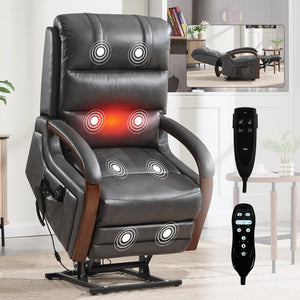 English Elm Power Lift Recliner with Dual Motor Heat Massage Leatheraire and Solid Wood Arms W1803S00081