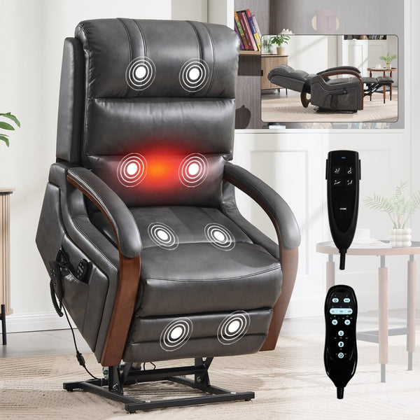 English Elm Power Lift Recliner with Dual Motor Heat Massage Leatheraire and Solid Wood Arms W1803S00081