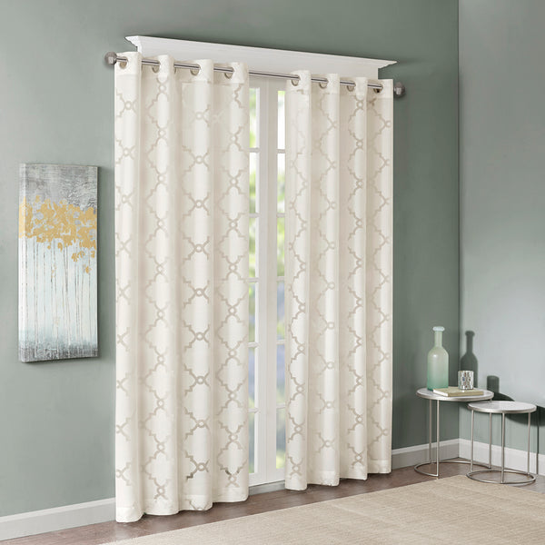 JLA Home Madison Park - Fretwork burnout sheer curtain panel with grommet top for soft light diffusion and layered texture Ivory MP40-3778