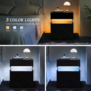 English Elm Led Nightstand with Rgb Acrylic Glow Panel Three Drawers Walnut Bedroom Table Black+Gold W2178P412303