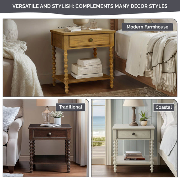 JLA Home Madison Park Signature - Turned Spindle Nightstand with Drawer & Shelf — Solid/Engineered Wood, Timeless Cottage-To-Transitional Look MPS136-0060