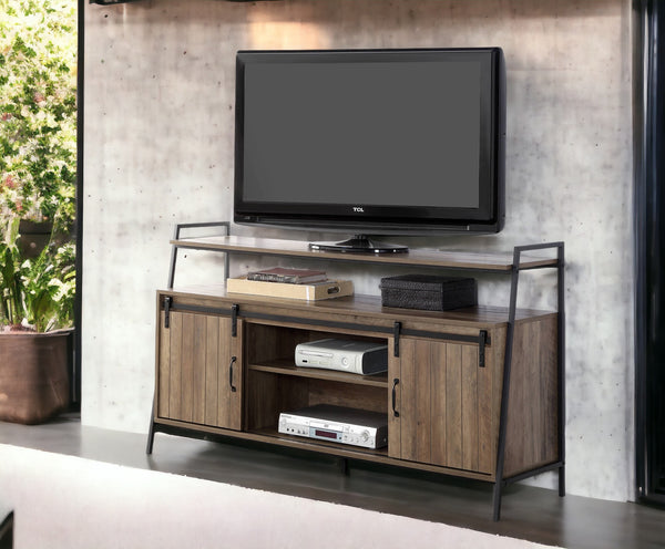 English Elm Rashawn Rustic Oak TV Stand with Black Frame, Sliding Barn Doors, 6 Compartments & Open Shelf B2726P256332