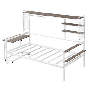English Elm Twin Metal Daybed With Movable Desk, Shelves & Clothes Hanger - Ideal For Small Spaces & Dorms! N737P199195K-GIGA