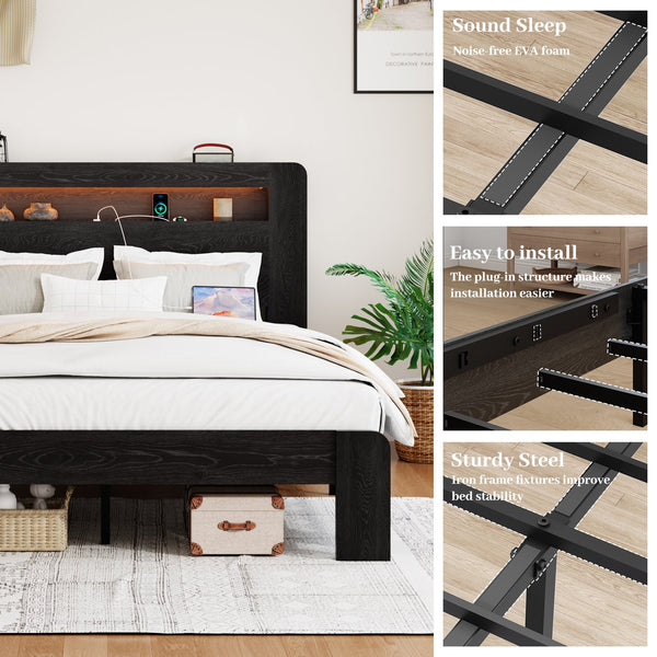 English Elm Bed Frame King Size - Stylish Wood Platform With Led Headboard, Usb Ports & Ample Storage Space! W636P265356