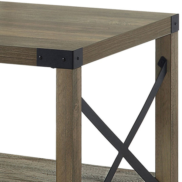 English Elm Rustic Oak Coffee Table With X-Slat Design & Ample Storage Shelf For Stylish Living Room Decor B062P185677-GIGA