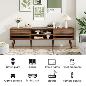 English Elm Mid Century Modern Fluted Wood Media Console with Storage Cabinets for Living Room Natural Walnut T3623P435373