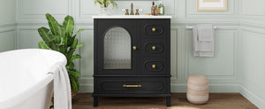 English Elm 30" Freestanding Bathroom Vanity Solid Wood Cabinet Ceramic Basin 3 Drawer Storage Black W1580P382511