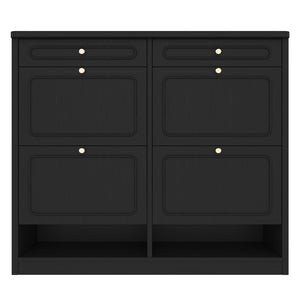 English Elm Wooden Farmhouse Entryway Shoe Cabinet with Six Drawers for Organized Hallway Storage Black W1580P402824