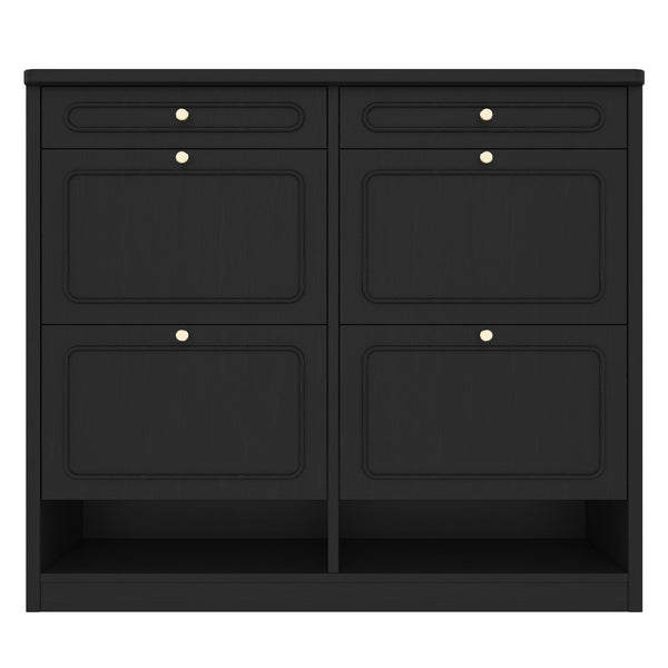 English Elm Wooden Farmhouse Entryway Shoe Cabinet with Six Drawers for Organized Hallway Storage Black W1580P402824