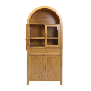 English Elm 71" Arched Glass Barn Door Pantry Cabinet Farmhouse Mdf Storage for Kitchen Dining Oak W2917S00017