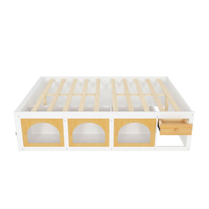 English Elm Queen Storage Platform Bed with Led Lighting Bookshelf Display Cabinet and Pull-out Drawer White+Natural N820S00078K