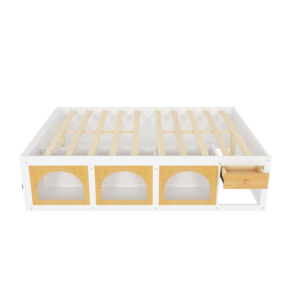 English Elm Queen Storage Platform Bed with Led Lighting Bookshelf Display Cabinet and Pull-out Drawer White+Natural N820S00078K