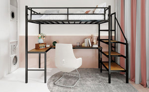 English Elm Loft Bed with L-shaped Desk Stair Storage and Full Guardrail Iron Frame Black W1935S00007