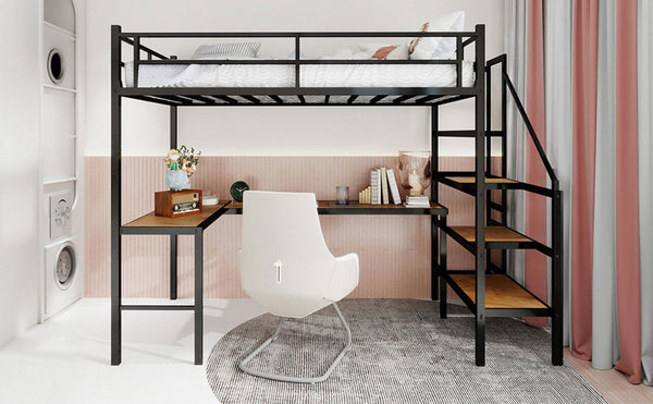 English Elm Loft Bed with L-shaped Desk Stair Storage and Full Guardrail Iron Frame Black W1935S00007