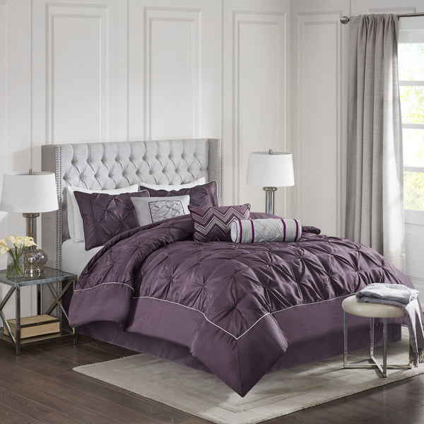 English Elm 7 Tufted Comforter Set Full Deep Textured Pleated Design Brushed Reverse 7-Piece Bedroom Luxe Plum 18.5 L x 13.39 W x 12.99 H B03597140