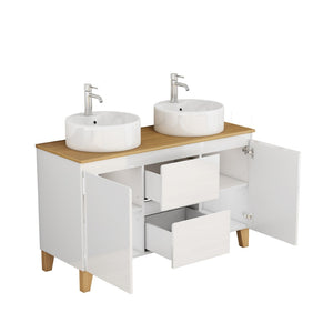 English Elm 47-inch Double Basin Bathroom Vanity Solid Wood Top Glossy White Soft Close W3151S00073