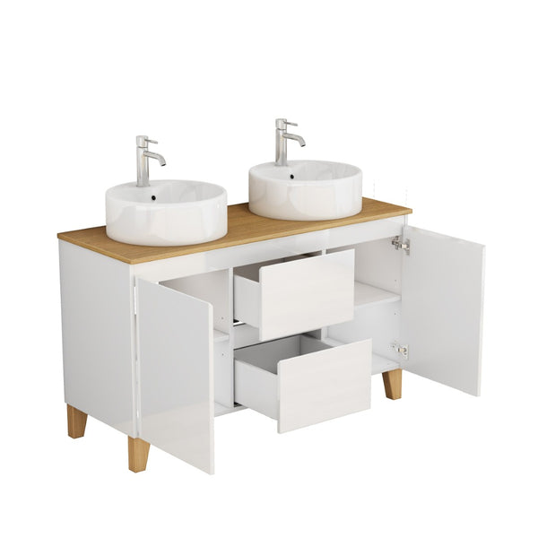 English Elm 47-inch Double Basin Bathroom Vanity Solid Wood Top Glossy White Soft Close W3151S00073
