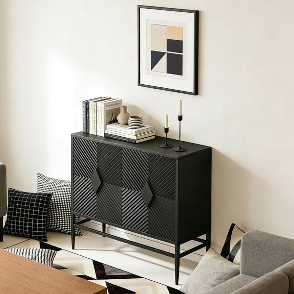 English Elm 31.50" Fluted Two Door Black Cabinet with Metal Legs for Entryway or Living Room W1435P206312