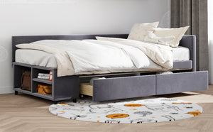 English Elm Twin Velvet L-Shaped Upholstered Platform Bed with Plush Headboard, Hidden Drawers & Cabinet Storage Gray SF000182AAE