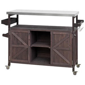 English Elm K&K Outdoor Kitchen Island Rolling Bar Cart with 1.2" Stainless Steel Top, Ample Storage, Wheels and Spice Rack Dark Brown WF532198AAZ