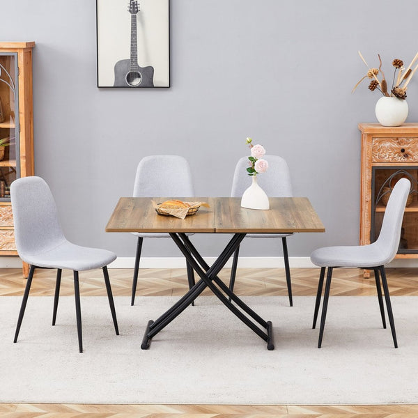 English Elm Table and Chair Set Adjustable Height Mdf Wood Grain Top with Four Linen Dining Chairs Black,Light Gray,Natural Wood W1151S03769