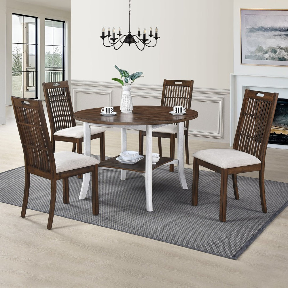 English Elm Woodhomer 5-Piece Round Dining Set - Antique White & Walnut, Space-Saving Farmhouse Style For Small Areas W2537S00004-GIGA