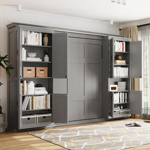 English Elm Full-size Murphy Wall Bed with Sliding Cabinets and Twelve Open Shelves for Studios Gray LP000919AAE
