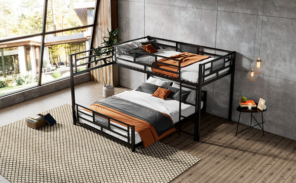 English Elm L-shaped Steel Twin Over Full Bunk Bed Corner Frame with Guardrails for Kids N750P196510B