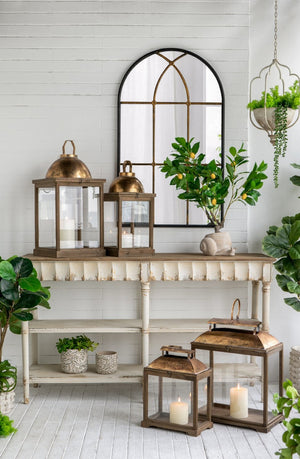 English Elm S/2 Distressed Fir Wood Candle Lanterns with Glass Sides and Gold Dome Tops W2078P423052