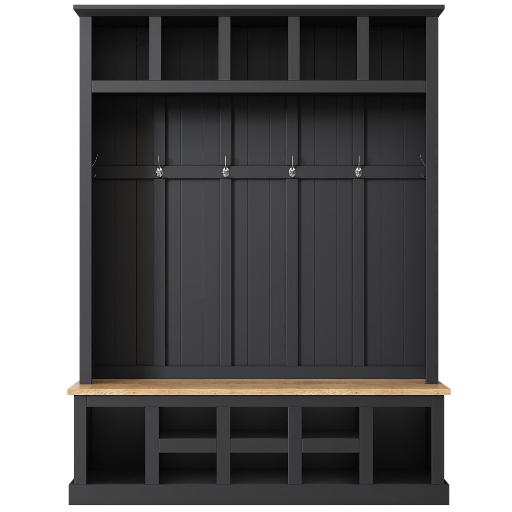 English Elm Hall Tree with Silver Hooks Open Shelving and Wood Grain Bench for Entryway Storage WF326067AAB