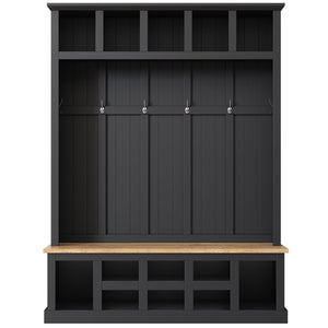 English Elm Hall Tree with Silver Hooks Open Shelving and Wood Grain Bench for Entryway Storage WF326067AAB