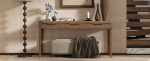 English Elm U_style Oak Veneer Console Table with Three Wave Drawers for Entryway or Foyer Brown N711P401926D
