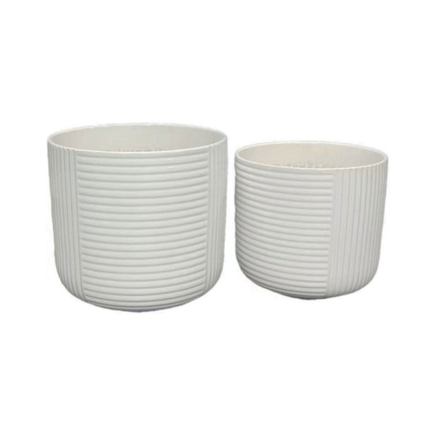 English Elm Kena Matte White Ceramic Ribbed Planter Trio Architectural Geometric Set for Modern Decor B056P417094