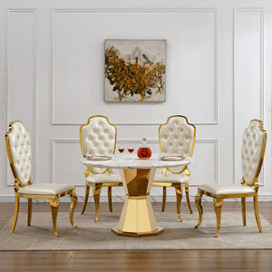 English Elm 47" Round Marble Dining Table - Luxurious High Gloss Faux Marble Top & Stainless Steel Base For Modern Spaces W3456S00005