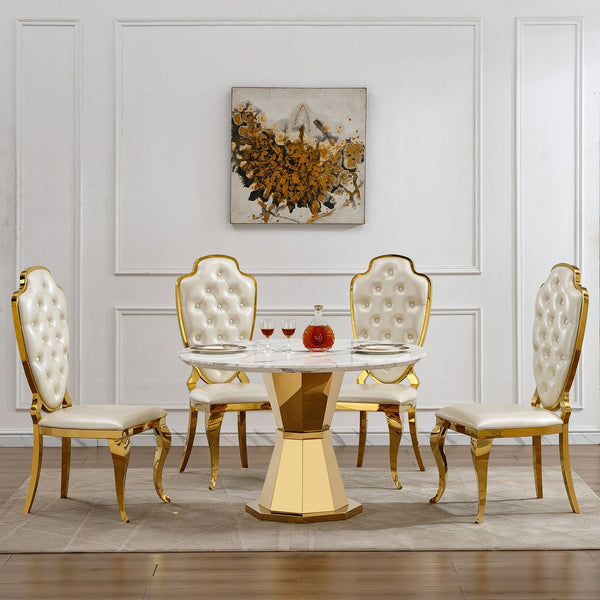 English Elm 47" Round Marble Dining Table - Luxurious High Gloss Faux Marble Top & Stainless Steel Base For Modern Spaces W3456S00005