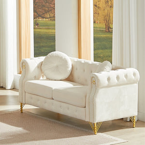 English Elm 60.5-inch Crushed Velvet Chesterfield Sofa Tufted Button Design with Copper Stud Trim Beige W834S00620