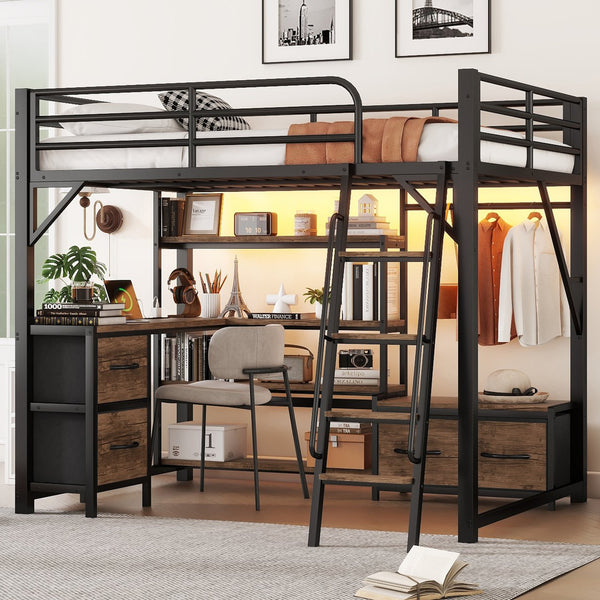 English Elm Full Size Loft Bed With Integrated Desk, Storage, And Lighting – Perfect For Space-Saving Living Solutions! W2593S00040