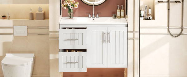 English Elm 36'' Wall Mounted Bathroom Vanity with Ceramic Sink, Solid Wood & MDF Floating Cabinet with Drawers White N710P293299K