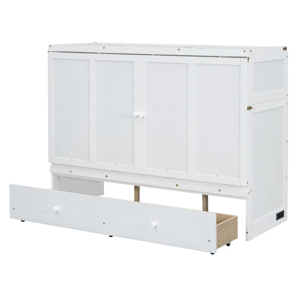 English Elm Queen Murphy Wall Bed with Pull Out Drawer and Built in Usb Charging Cabinet White N708P205905K