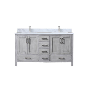 English Elm Distressed Grey Double Bath Vanity 60in W x 22in D with Carrara Marble Top, Soft-Close Storage & Faucet Set B2731P259083