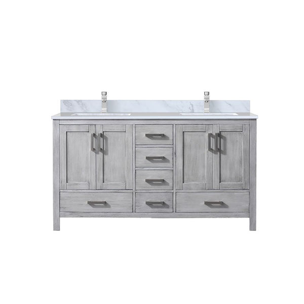 English Elm Distressed Grey Double Bath Vanity 60in W x 22in D with Carrara Marble Top, Soft-Close Storage & Faucet Set B2731P259083
