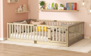 English Elm Twin Montessori Floor Bed Solid Rubber Wood with Safety Fence Rails Toddler Room W504P411200