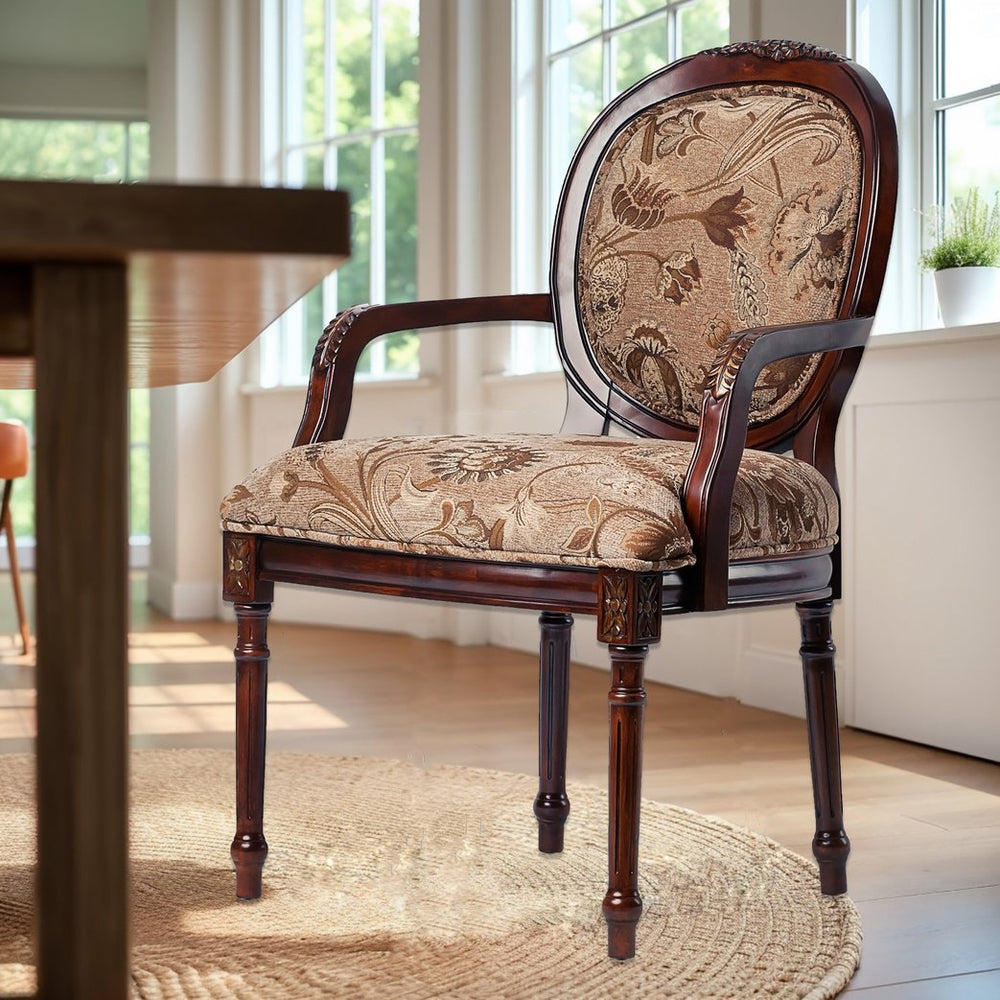 English Elm Bernice Oval Back Chair with Hand-Carved Floral Detail, Walnut Finish, Chenille Seat, Solid Wood Durable Upholstery B050P229945